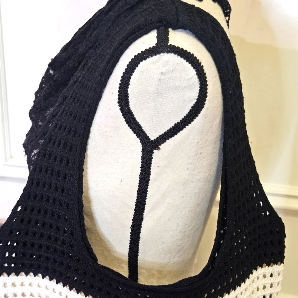Hobo Black/Cream Stripe Crochet Knit Bohemian Tote Handbag,Large,NWOT